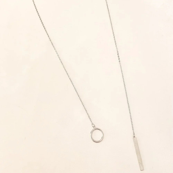 925 Sterling Silver Lariat Necklace Circle & Bar Drop Necklace Minimalist Chain - Picture 4 of 8